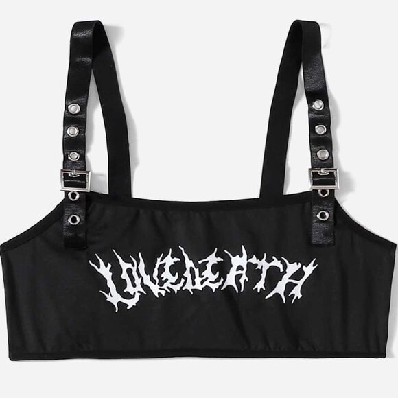 ROMWE Academia Letter Graphic Grommet Bralette XS Black Goth Grunge Lingerie 🖤 - Picture 1 of 10